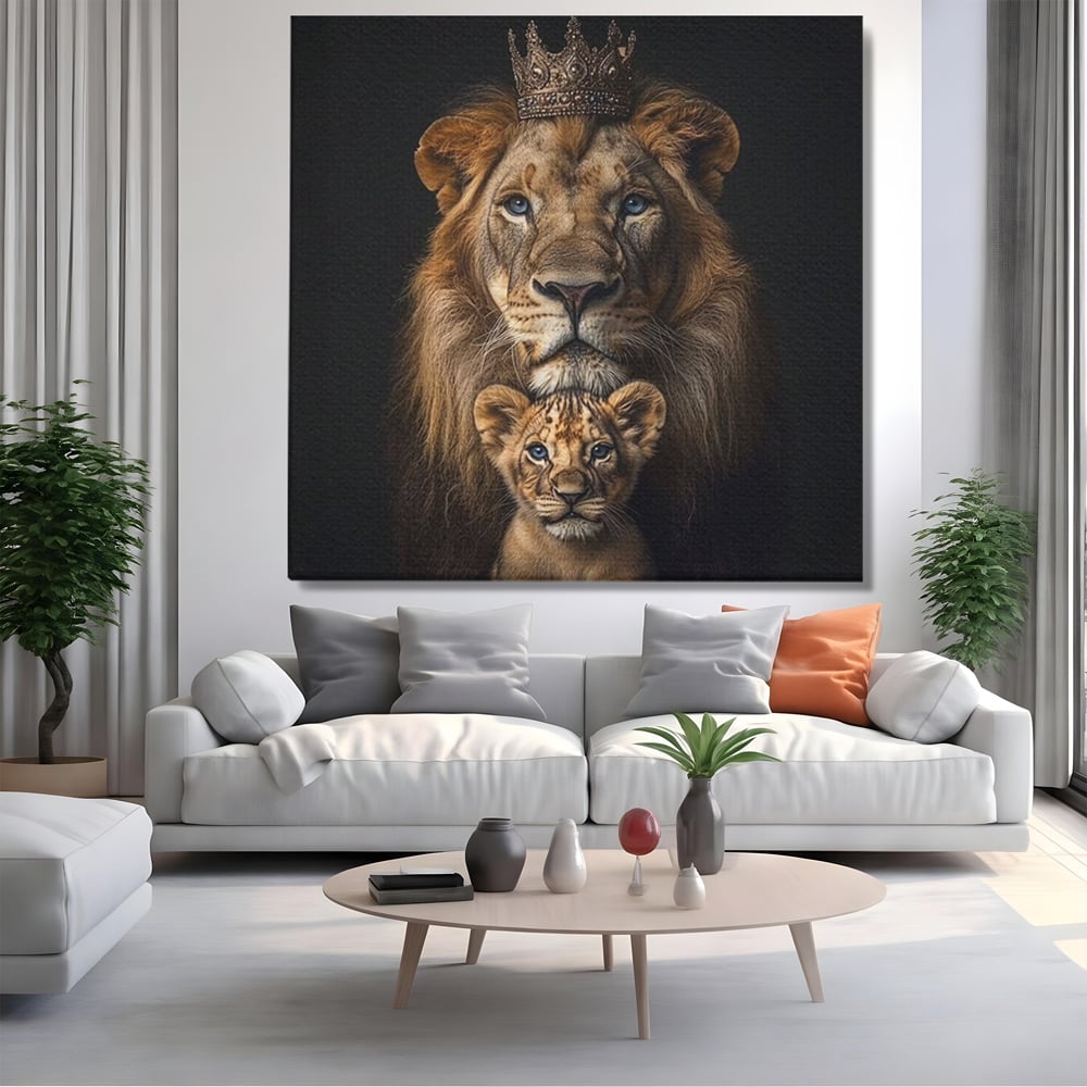 Tablou canvas cu tablou portret cu leu si pui, fara rama, pe sasiu de lemn, pe perete intr-un living